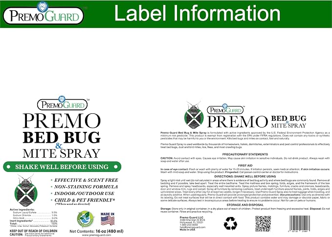 Premo Guard Bed Bug & Mite Killer Spray - 100% Kill Rate Formula, 16 oz | University Tested, Safe for Bedding, Furniture, Fabrics, and Clothing, Non Toxic, Stain & Scent Free, Child & Pet Safe