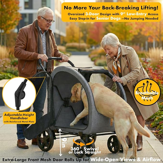 PAWZIDEA 3-in-1 Large Dog Stroller with Detachable Carrier up to 80lbs, Portable Dog Car Crate & Travel Kennel, Foldable Pet Stroller for 2 Medium Dogs, All-Terrain 9” Jogger Wheels, Adjustable Handle