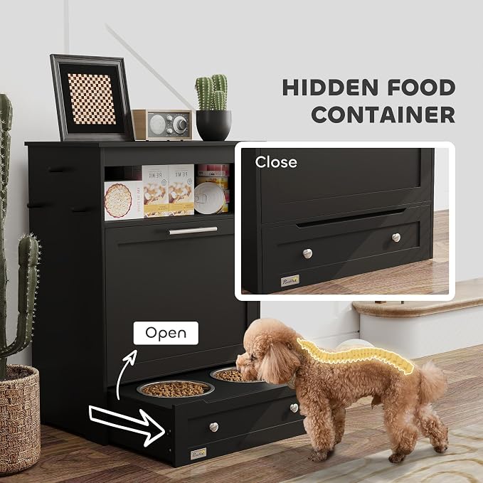 PawHut Dog Feeding Station with Raised Bowls, Pet Feeder Station, Black | Dog Food Storage Cabinet, Hanger for Feeding & Watering Supplies