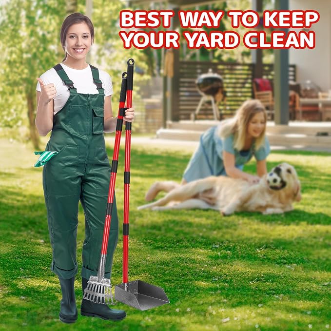 Pooper Scooper for Dogs, Sturdy Stainless Steel Dog Poop Scooper for Large Medium Small Dogs, Detachable Metal Rake & Tray Set for Yard, Grass, Dirt or Gravel (Red)