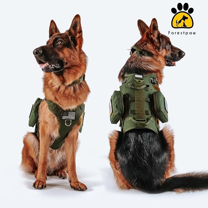 Forestpaw Tactical Dog Harness Pouches and Patches Set,L,Green | Adjustable Fits 27-40" Chest,70-140 lbs,No Pull Military Style Service Dog Vest for Daily Walking Training,Medium Large Dogs