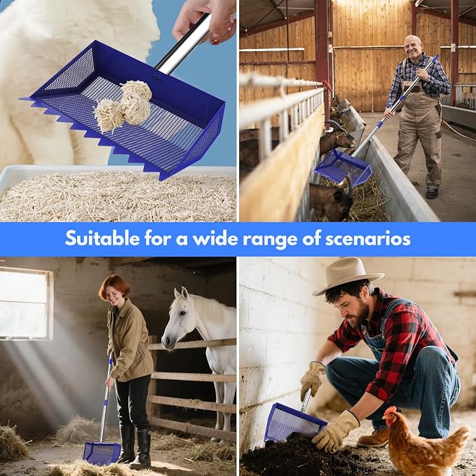 Chicken Poop Scooper Rake 2-in-1,304 Stainless Steel Shovel Head, Chicken Litter Scoop with Handle for Chicken Coop for Sand, Pet Waste Cleaning, Litter Sifting Shovel (35 to 65") (Blue, 10inch) | Chicken Poop Scooper