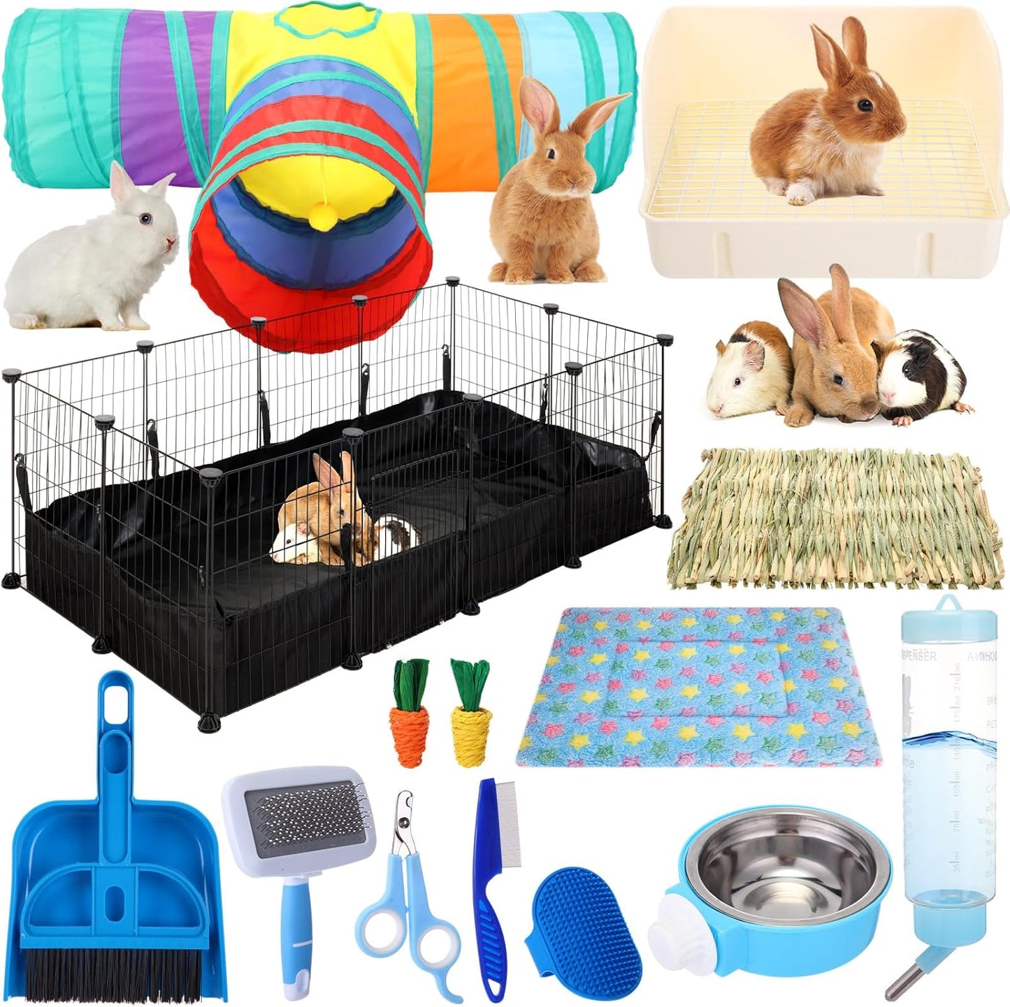 104 Pcs Rabbit Starter Kit Litter Box Bunny Tunnel Pet Playpen with Waterproof Mat Water Bottle Animal Grooming Kit Bowl Blankets with Cleaning Set for Guinea Pig Rabbit Accessories
