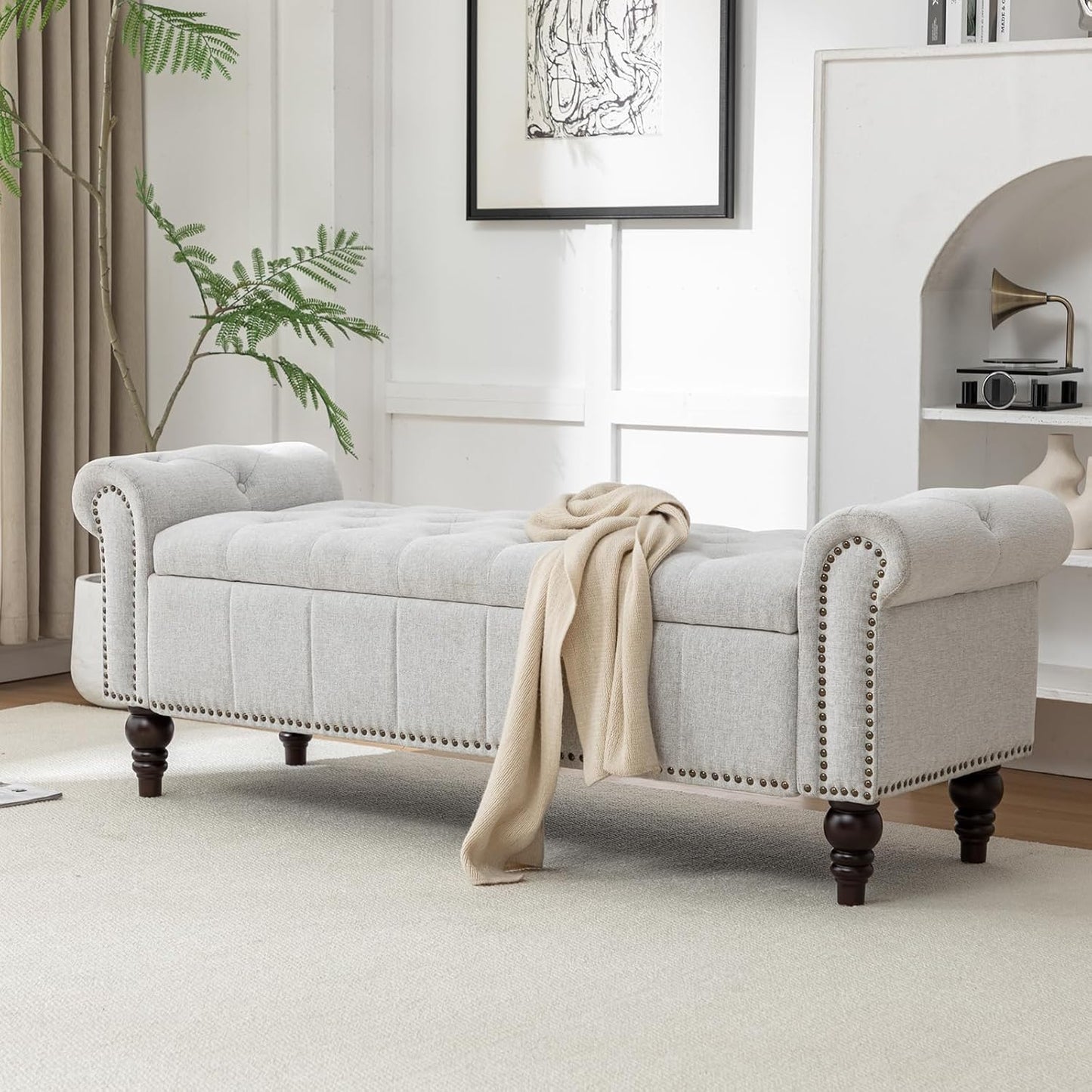 58’’ Storage Bench for Bedroom, Upholstered Button-Tufted Ottoman with Solid Wood Legs, Queen Size End of Bed Shoe Cabinet, Window Seat Foot Rest Stool for Entryway, Living Room (Silver)