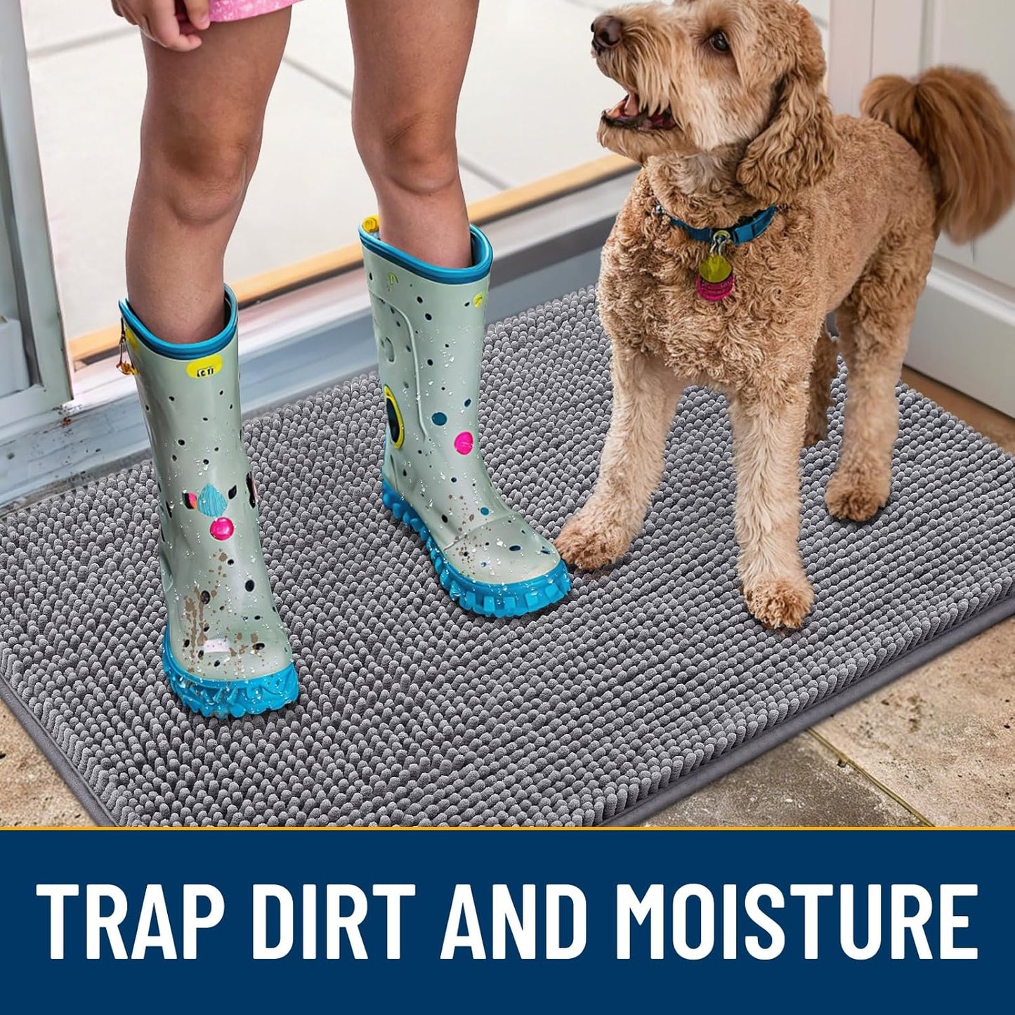 Smiry Dog Door Mat for Muddy Paws 40x32, Absorbs Moisture and Dirt Doormat, Non-Slip Washable Quick Dry Chenille Front Door Mat Indoor Entrance, Entryway Carpet for Inside Floor, Grey