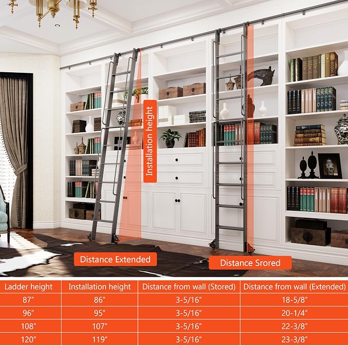 DIYHD 108" Rolling Library Ladder with Handrail, 4FT Sliding Rail, Black | 9-Step lightweight ladder with space-saving upright storage, Telescopic top hooks, Locking bottom rollers, 300lbs capacity