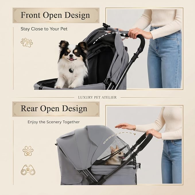 MUTTROS Dog Stroller, Pet Stroller for Small Medium Dogs & Cats Up to 66lbs, One Click Folding, Large Cat Stroller w/All Terrain Shock Absorbing Wheels, Reversible Handle, Multiple Pockets, Khaki