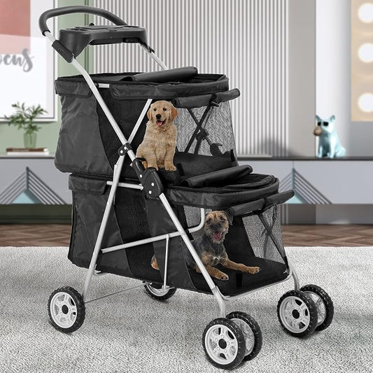 Dog Stroller 4 Wheels Cat Strollers Double Layer Pet Strollers Pet Carriers Jogger Stroller for Medium Dogs Cats Travel Camping Strolling Cart with Cup Holder Removable Liner, Black