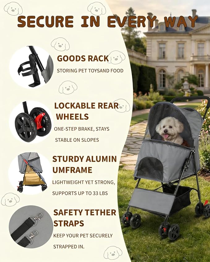 Pet Stroller for Small Medium Dogs Cats - Lightweight Foldable Dog Stroller | 33lbs, 4 Wheels All Terrain Cat Stroller, Breathable Mesh & Safety Tether, Storage Basket for Outdoor Walks-GRAY