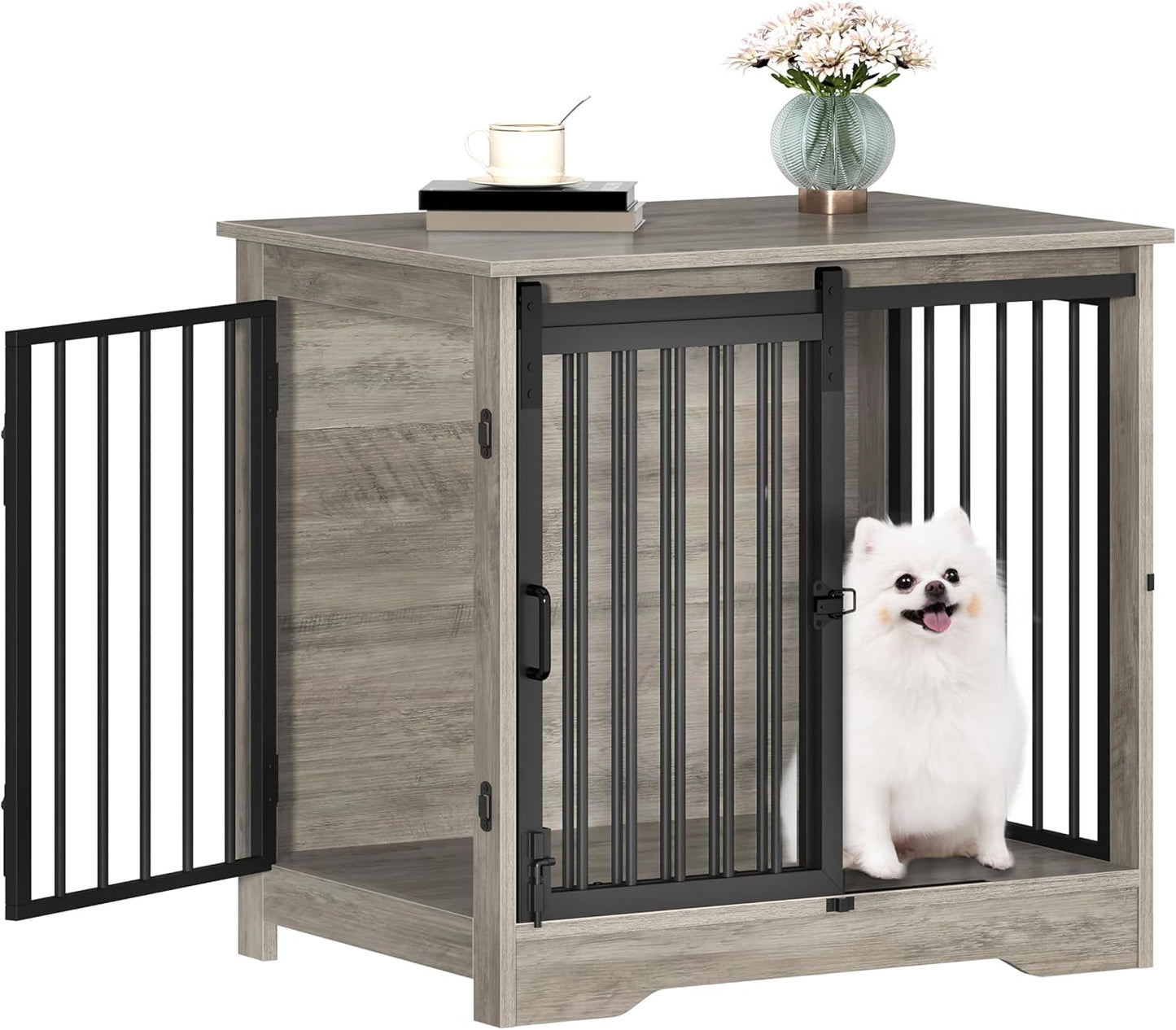 27.2" Dog Crate Furniture with Barn Door, Heavy Duty Dog Kennel Indoor with 2 Doors, Wooden Pet Cage End Table for Small Medium Dogs up to 22 lb, Anti-Chew Anti-Escape, Greige DFC84305B