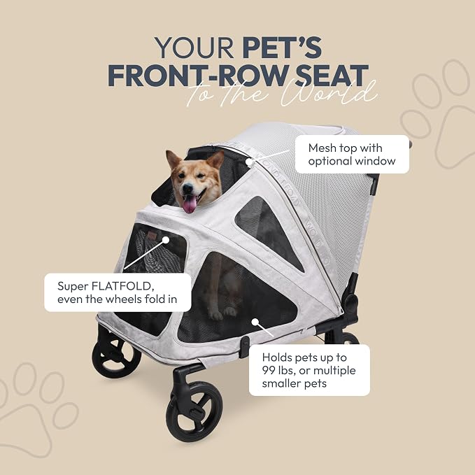 WonderFold Hudson Pet Stroller for Large Pets - super FLATFOLD: Even the Wheels Fold In - GRAY, LARGE