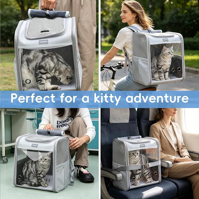 Cawypety Cat Carrier Backpack,Cat Carrier with Window Blind，Cat Backpack for Small Cats Dogs, Safety Straps, Collapsible, Breathability,Designed for Travel, Hiking, Outdoor,Car
