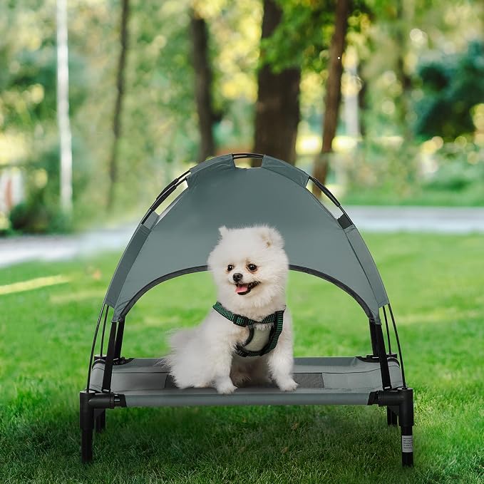 PawHut Elevated Dog Bed with Removable Canopy, 24 inch, Gray | Large Pet Bed, Outdoor Dog Cot, UV Protection Shade, Camping