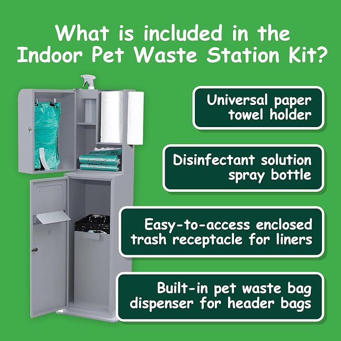 Indoor Pet Waste Station - 8ft Silver Steel Dog Waste Station - Includes a Built-In Dispenser with Lock & Storage, a Trash Receptacle, a Paper Towel Holder, and a Spray Bottle