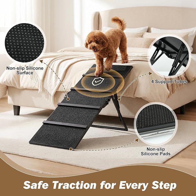 Metal Dog Ramp for Couch, Foldable Pet Ramp for Small Dogs 100 LBS | Upgraded & Stable, Adjustable Height 7.5"-19.7", Non-Slip Pad, Portable Pet Ramps for Sofa Couch Stairs, No Assembly