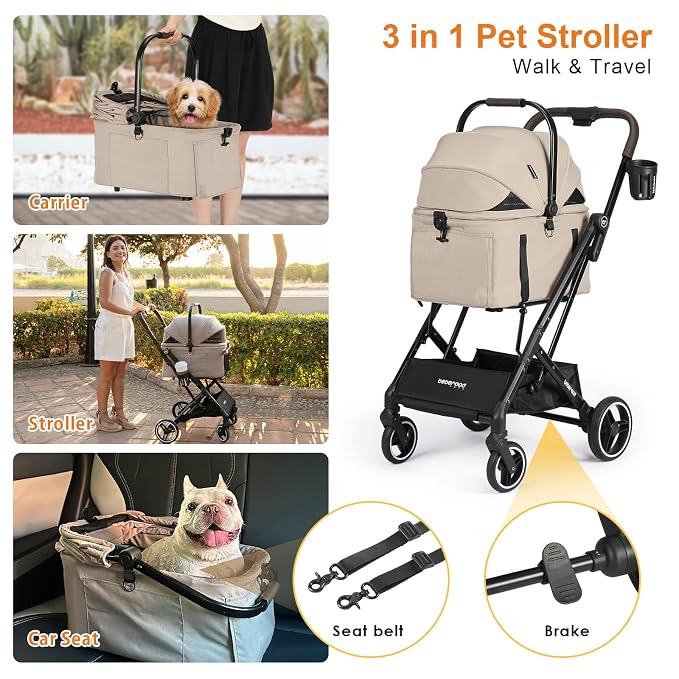 X2 Pet Stroller, Dog Cat Stroller for Small Pets with Detachable Carrier, Lightweight Foldable Cat Carrier Dog Car Seat for Puppy Doggy up to 44lbs, Canopy and Waterproof Pad, Camel