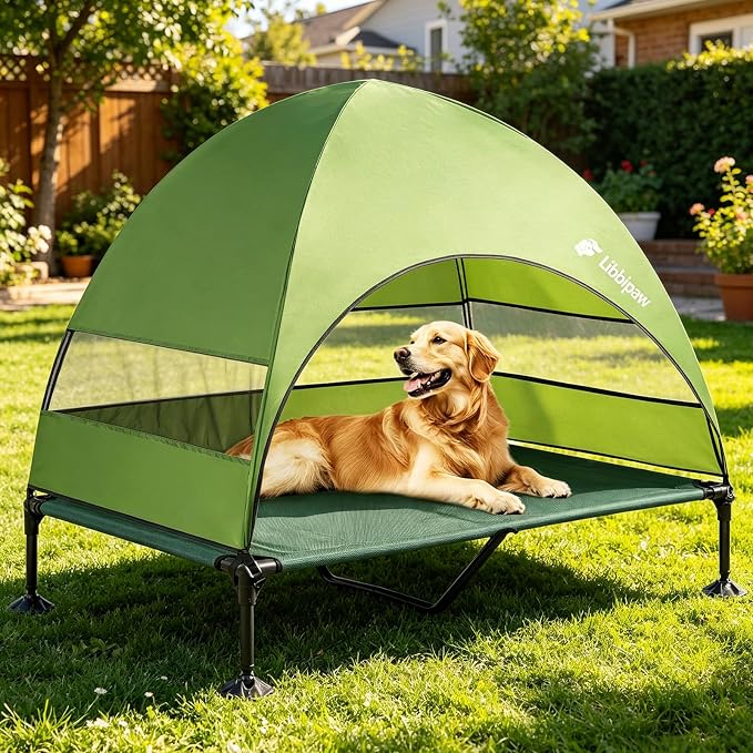 Outdoor Elevated Dog Bed with Canopy for Large Dogs, Green, XL | Breathable Raised Cot with Shade, Tool-Free Setup for Patios, Backyards and Camping
