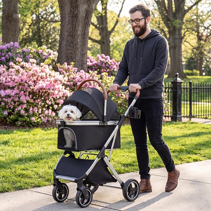 Dog Strollers for Small Medium Dogs Cats 44 lbs,3-in-1 Detachable Pet Carrier Stroller,4 Wheels One-Hand Fold Travel Carriage with Storage Basket,Pet Pad,Cup Holder(Black)