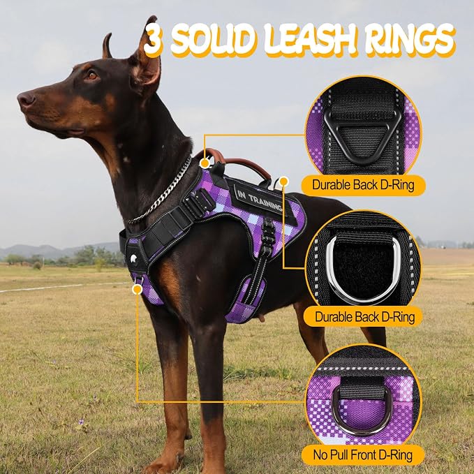 Tactical Dog Harness - HEYCAHVA Service Dog Vest Full Metal Buckles for Medium Large Dog Reflective No Pull Harnesses Vest with Leather Handle, Hook & Loop for Training (Purple, XL)