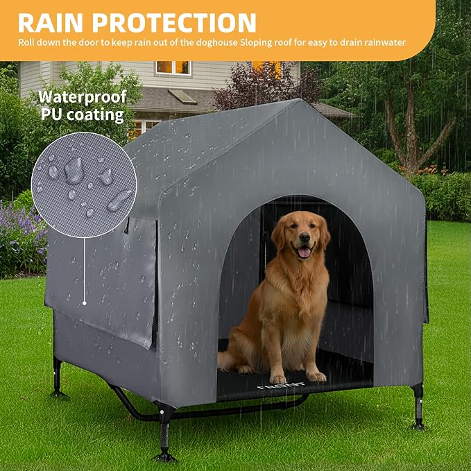 Dog House, 42” Large Dog House Outdoor Indoor Elevated Dog Cot Bed | 2-in-1 Outside Dog Tent Shade, Three-Sided Breathable Mesh Windows, Easy to Install, Waterproof Canopy, Non-Slip Feet