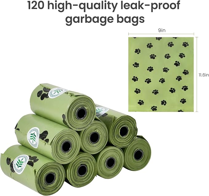 Dog Pooper Scooper Portable with Bag Attachment, One Handed Foldable Design, Includes 120 Waste Bags and Dispenser, 19 Inch Handle for Grass Yard Gravel Cleanup (Green)
