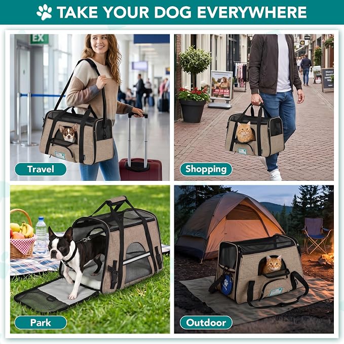 PetAmi Airline Approved Pet Carrier for Cats & Small Dogs, Soft Sided TSA Travel Carrier Bag with Sherpa Bed, Breathable Mesh Ventilation, Collapsible Bowl, Up to 18 lbs, Large Heather Taupe