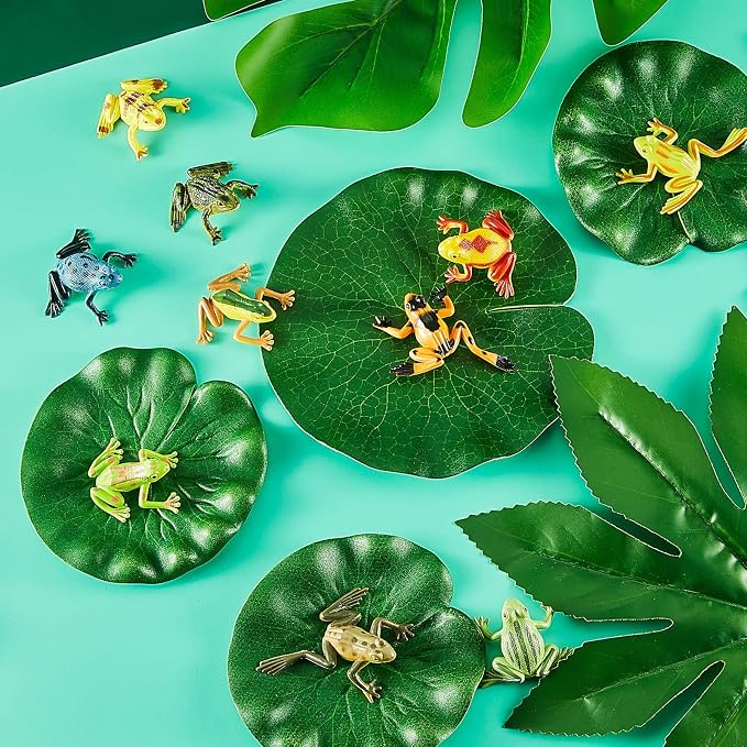 Hungdao 24 Pieces Mini Plastic Frog Toys & Artificial Lily Pads, Include Colorful Realistic Frogs Rainforest Animals Pond Toys & Floating Foam Leaves for Kids Sensory Bin Water Table Pool Cake Decor