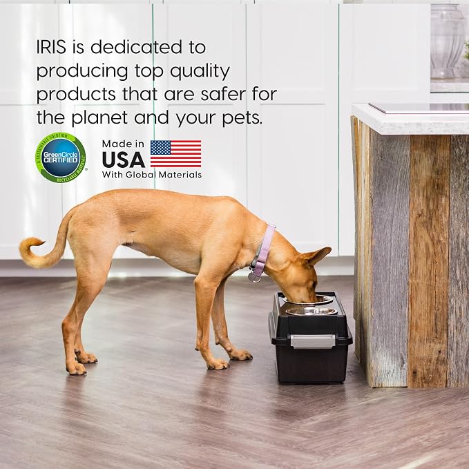 IRIS USA Elevated Dog Bowls 9" H, up to 13 lb Storage, Black, Made in USA | Comes with 2 Stainless Steel Bowls (32 oz), Elevated Feeder, Reduce Strain, Perfect for Camping & Outdoors