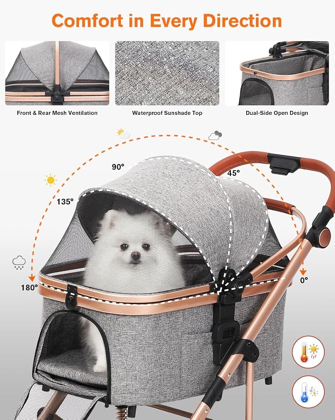 HOVONO Dog Stroller with Detachable Carrier for 2 Pets up to 60 lbs | 3-in-1 Cat Stroller with Lightweight Aluminum, 9.5” Shock-Absorbing Rubber Wheels for All-Terrain, Extra Large Storage Basket