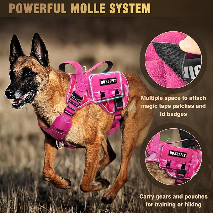2X Metal Buckle Service Working MOLLE Dog Vest with 10 Pet Patches | Tactical Dog Harness for Large Dog, No-pull Military Working Vest for Training Hunting Walking，2x D Rings for Leash Clip