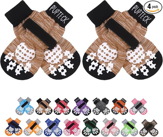 PUPTECK Anti-Slip Dog Socks with Double Sides Grips for Small Medium Large Dogs Hardwood Floors Prevents Licking, Dog Shoes for Hot Pavement Traction Control Paw Protector for Senior Dogs, Khaki L