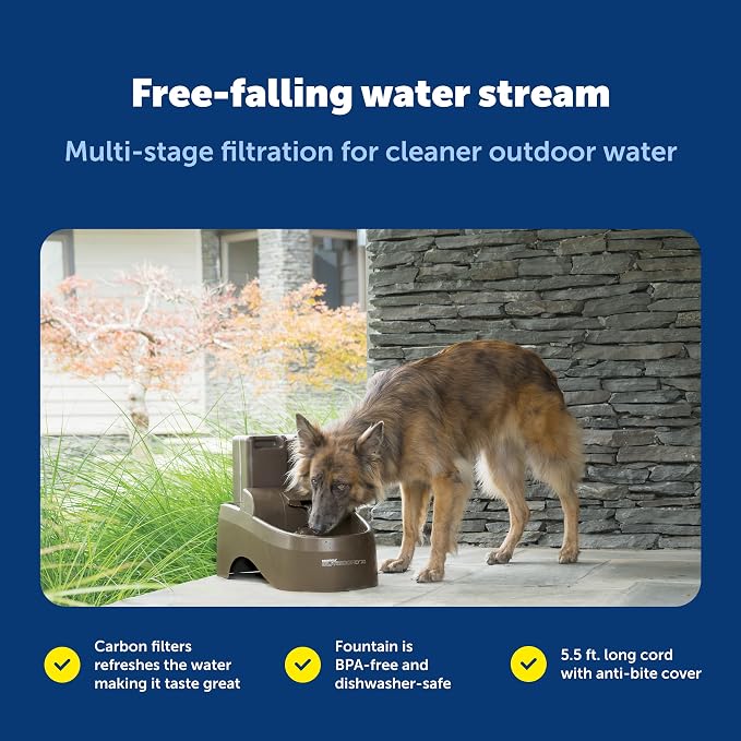 PetSafe Drinkwell Outdoor Dog Water Fountain, 2 Reservoirs, 450 oz, Taupe | Falling Stream Encourages Drinking, Replaceable Carbon Filter, UV-Resistant, Deep-Sided Drinking Bowl to Reduce Spills