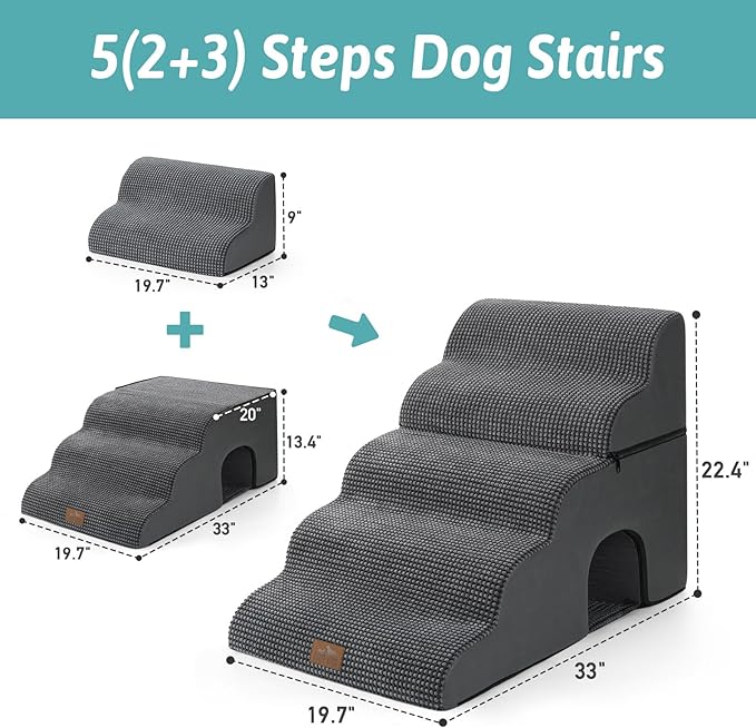 Extra Wide Dog Stairs with Tunnel, Detachable Large Pet Step for Small Medium Dog, Puppy or Cat, Ramp for High Bed, Couch, Sofa or Car, Stable, 19.7x33x22.4 inch, 5 Step, Charcoal Grey
