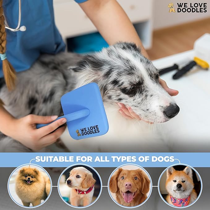 We Love Doodles Dog Grooming Comb Set & Large Dog Slicker Brush Bundle - Grooming Comb & Long Pin Brush for Dogs Kit - Removes Tangles & For Dematting - Brush for Shedding - Made in USA