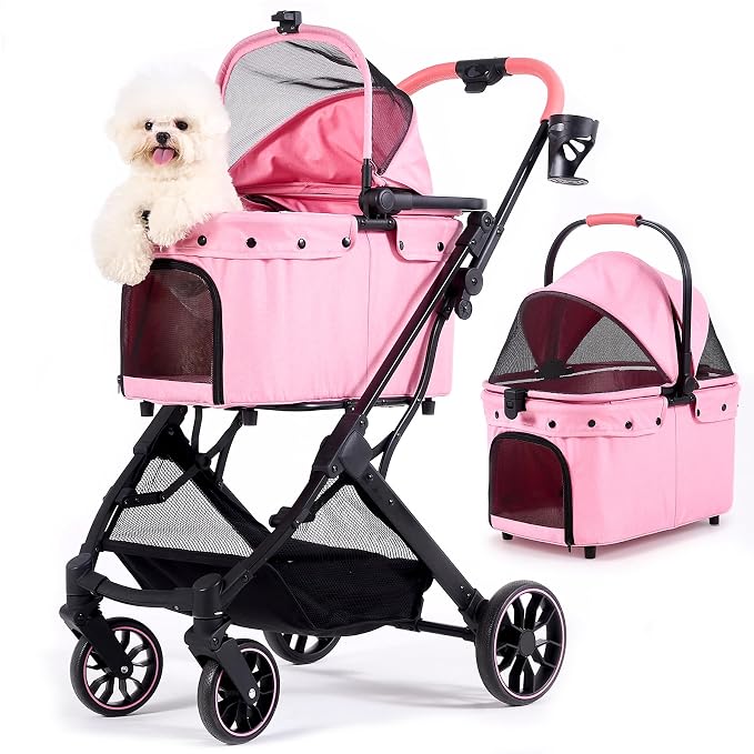 Dog Stroller for Small to Medium Dogs with Detachable Carrier, Pink | 3-in-1 Pet Stroller, Dual-layer UV-Resistant Waterproof Canopy with Breathable Mesh, All-Terrain PU Wheels with Suspension