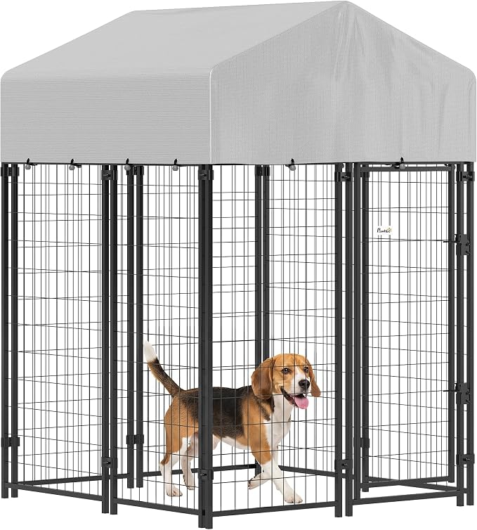 PawHut Outdoor Dog Kennel with Roof, 4' x 4' x 6' Heavy Duty Welded Wire Dog Playpen Enclosure with Escape-Proof Lock, UV-Resistant & Waterproof Cover, for Medium Dogs, Chickens, Ducks, Silver | Heavy Duty Welded Wire Dog Playpen Enclosure, Escape-proo...