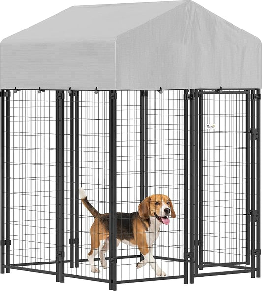 PawHut Outdoor Dog Kennel with Roof, 4' x 4' x 6' Heavy Duty Welded Wire Dog Playpen Enclosure with Escape-Proof Lock, UV-Resistant & Waterproof Cover, for Medium Dogs, Chickens, Ducks, Silver | Heavy Duty Welded Wire Dog Playpen Enclosure, Escape-proo...