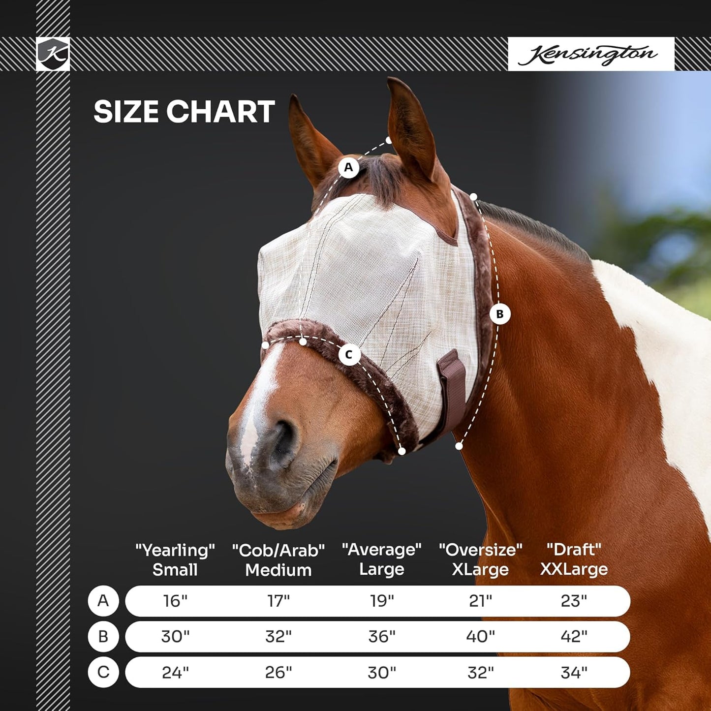 Kensington Fly Mask with Fleece Trim for Horses — Protects Face and Eyes from Flies and Sun Rays While Allowing Full Visibility — Breathable and Non Heat Transferring, Medium, Kentucky Blue