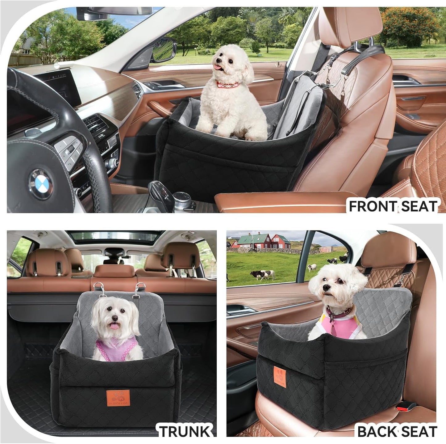Dog Car Seat for Small/Medium Dogs, Dog Booster Car Seats with Thick Cushion for Dogs Under 35lbs, Detachable Washable Pet Car Seat with Storage Pockets, 2 Safety Belts(Black/Grey)