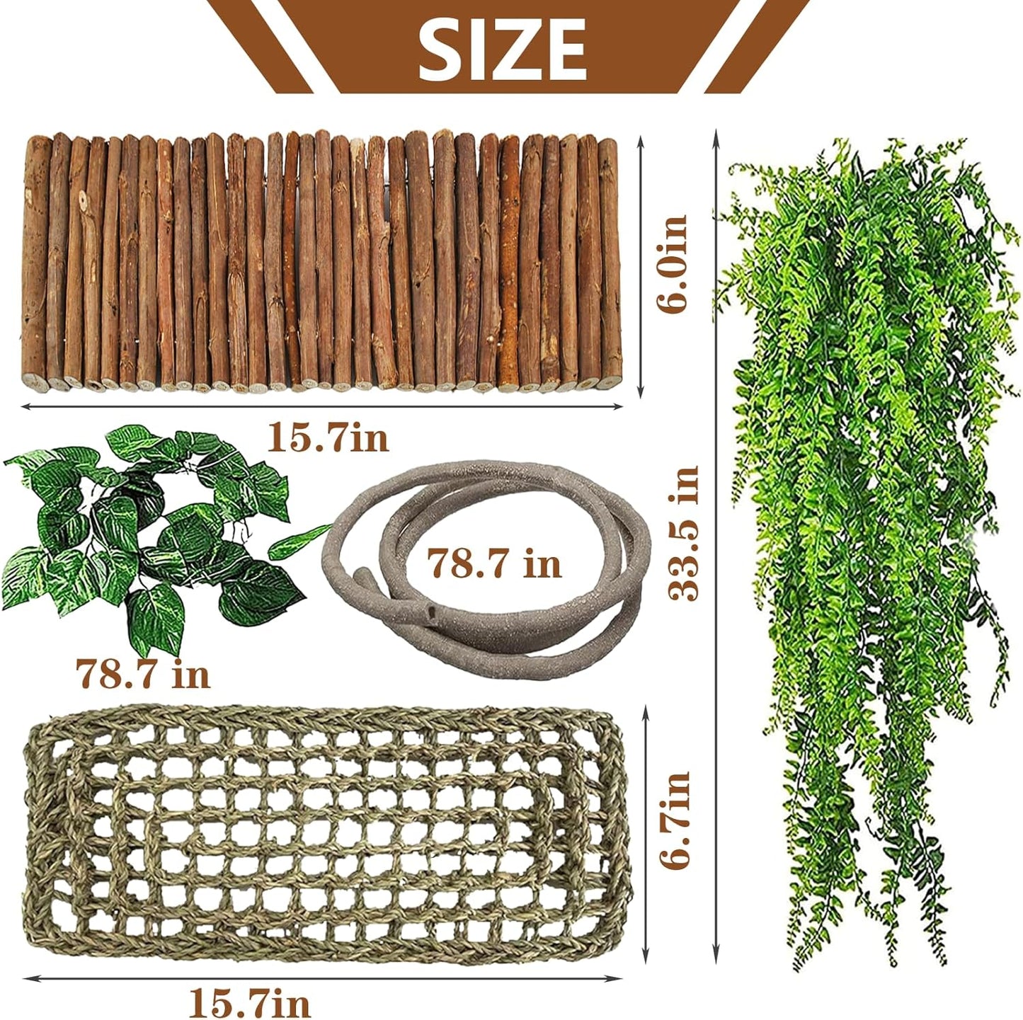 kathson Reptile Hideout Wooden Bridge Bearded Dragon Hammock Reptiles Jungle Climbing Vines Flexible Leaves Bearded Dragon Accessories for Lizard Gecko Chameleon Snake Hamster(5 Pcs)