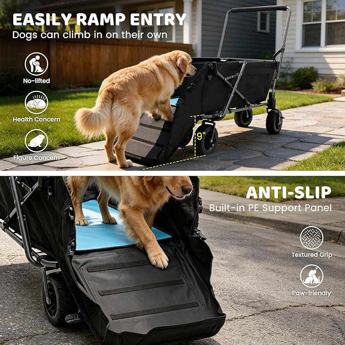 REDCAMP Folding Dog Wagon for Large Dogs, 150lbs Dog Stroller with 6 Wheels | Collapsible Utility Cart with 17.3" Extendable Ramp for 2 Medium Dogs, 6 All-Terrain Wheels with Brake for Senior Pet, Black