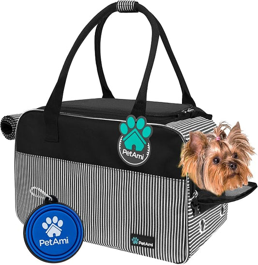 PetAmi Dog Purse Carrier for Small Dogs Cats, TSA Airline Approved Soft-Sided Pet Carrier with Pockets, Ventilated Travel Tote Bag with Bed & Shoulder Strap, Puppy Kitten, Max 12 lbs, Stripe Black