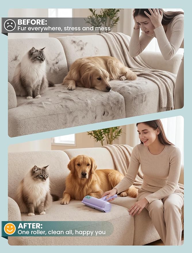 DELOMO Pet Hair Remover Roller: Reusable Lint Roller with Large Fur Bin - Portable Cat and Dog Hair Remover for Couch, Bedding, Car, Rugs & Furniture, Effective and Eco-Friendly, for Multi-Pet Homes