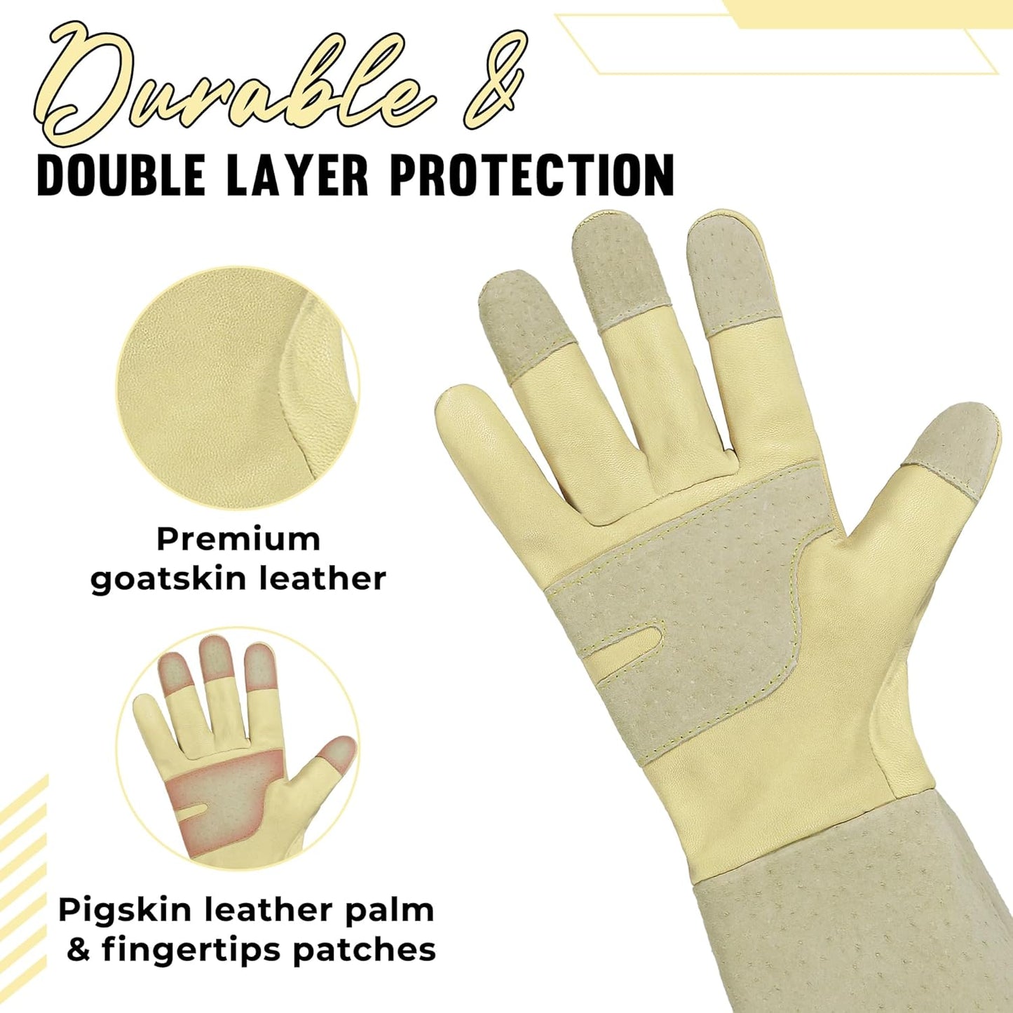 HANDLANDY Rose Pruning Gardening Gloves for Men Women, Thorn Proof Forearm Protection Leather Garden Gloves, Gardening Gifts for Gardeners (Beige- Goatskin, X-Large (Pack of 1))