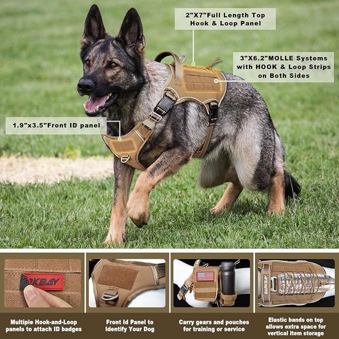 Tactical Dog Harness Large,Military Service Weighted Dog Vest Harness Working Dog MOLLE Vest with Loop Panels,No-Pull Training Harness with Leash Clips for Walking Hiking Hunting(Coyote Brown,XL)