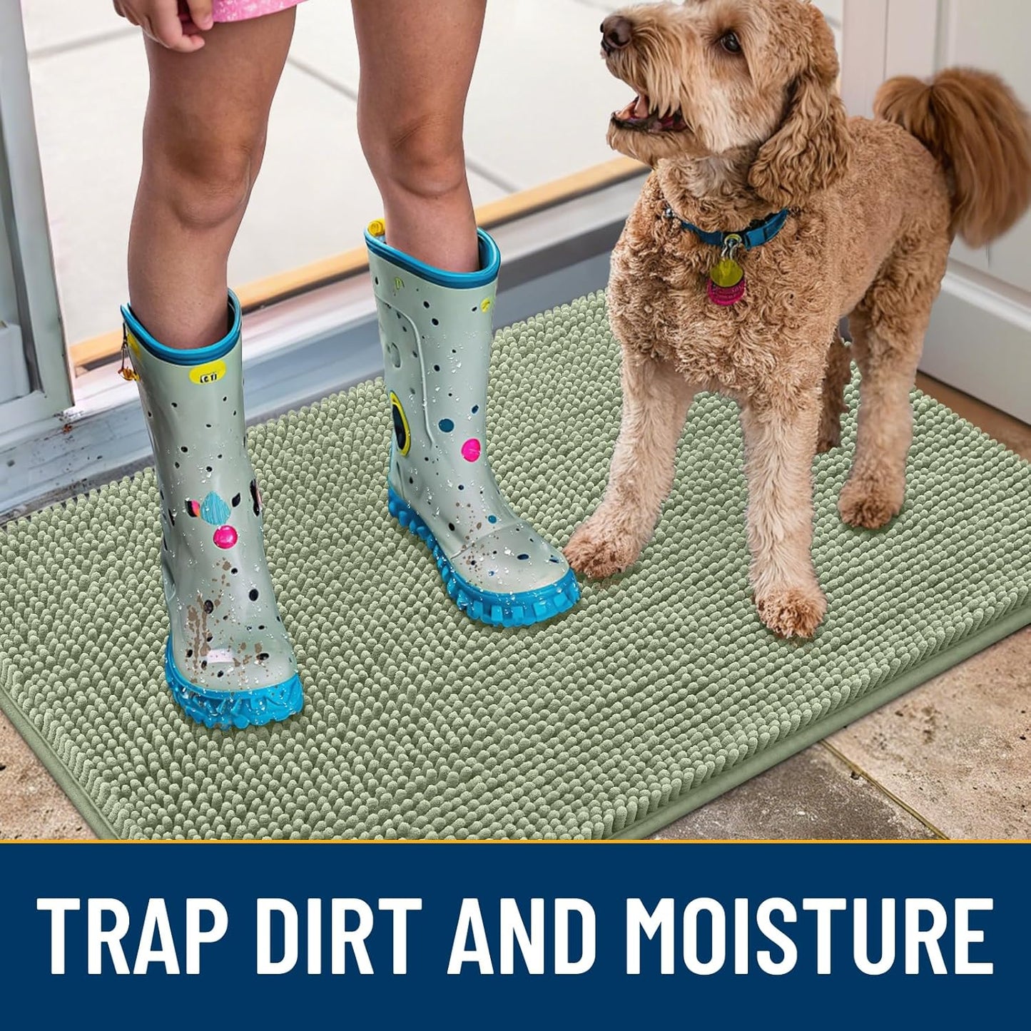 Smiry Dog Door Mat for Muddy Paws 48x30, Absorbs Moisture and Dirt Doormat, Non-Slip Washable Quick Dry Chenille Front Door Mat Indoor Entrance, Entryway Carpet for Inside Floor, Sage Green