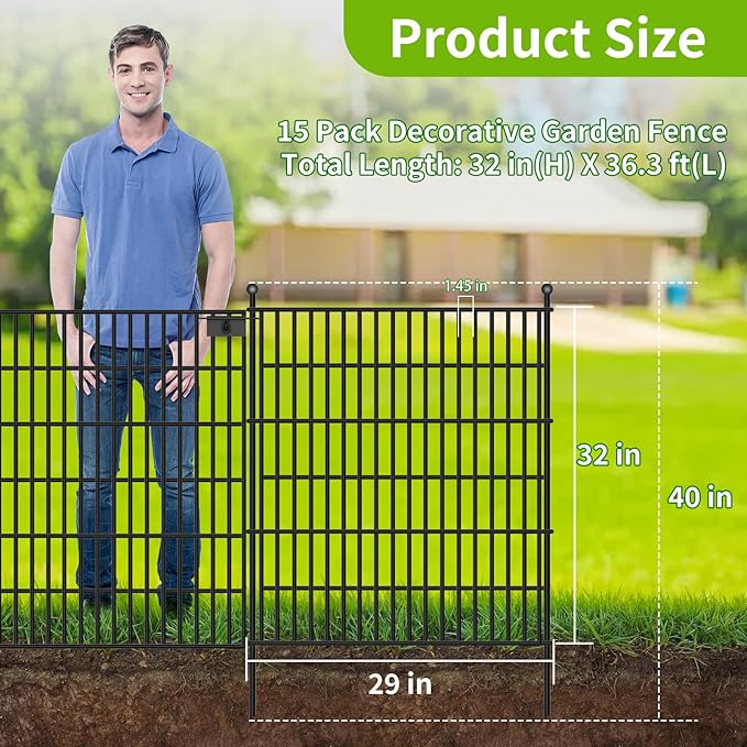 Toolterritary 15 Panels No Dig Garden Fence with Gate, 32 in(H) X36.3 ft(L) Metal Fence Panels, Thickened Rustproof Garden Fencing, Animal Barrier Fence for Dogs, Rabbits, and Patio