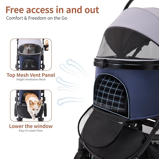 3-in-1 Pet Stroller for Medium Dogs & Cats, Detachable Aluminum Frame Carrier, All-Terrain 4-Wheel Dog Travel Carriage, Shock Absorption, Easy-Entry Low Door, Max 55lbs - Blue Grey