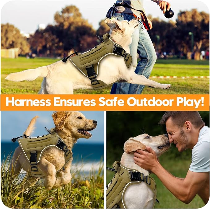 Heavy-Duty Tactical Dog Harness for Large Dogs, No Pull Adjustable Reflective Pet Vest with Molle System, K9 Military-Grade Control for Service Training, Outdoor & 10+ Breeds, Khaki, X-Large