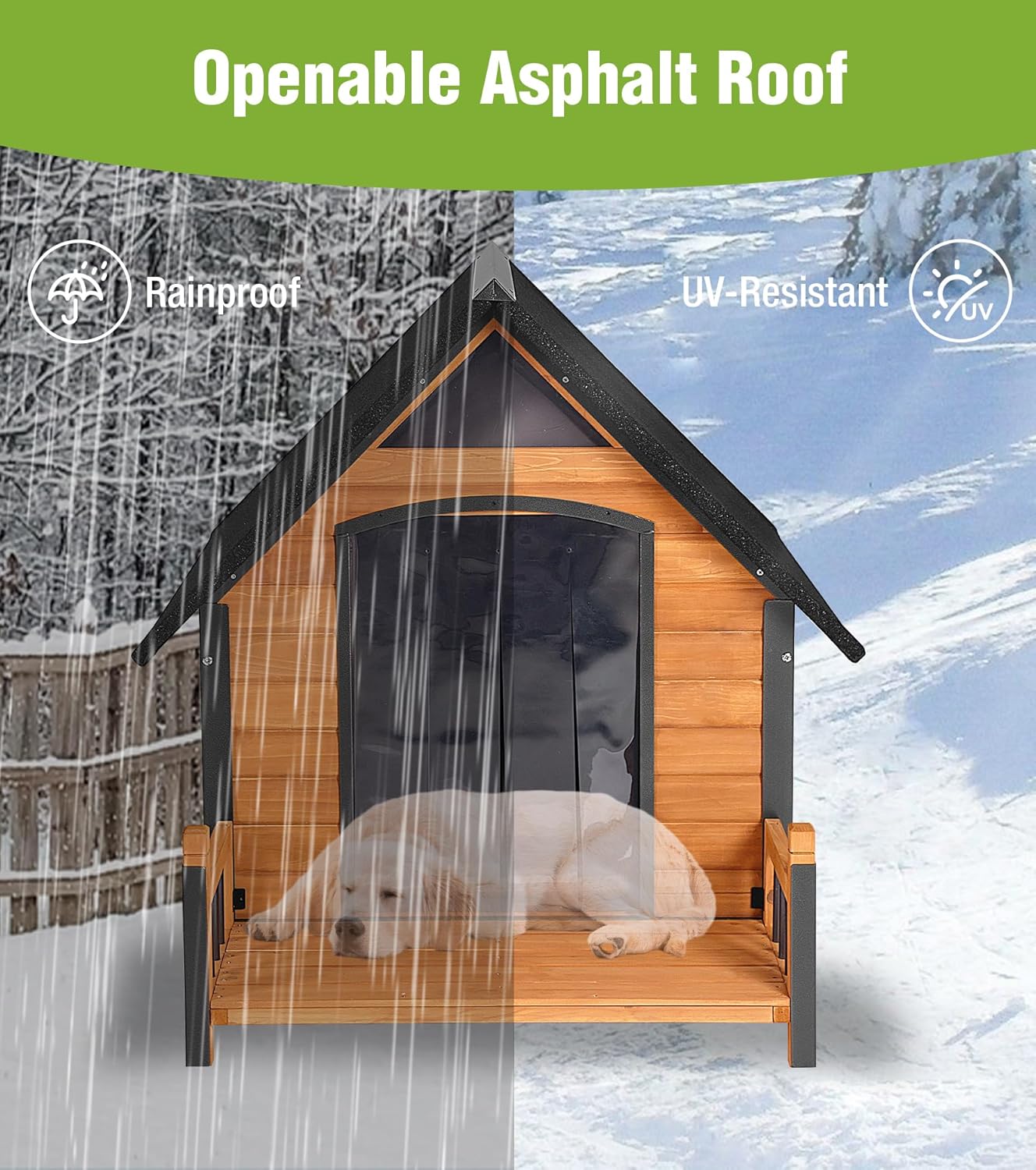 Large Outdoor Heated Dog House with Porch, All-Around Insulated Liner, Weatherproof Outside Dog House with Anti-Bite Metal Frame, Dog Kennel for Small Medium Large Dogs